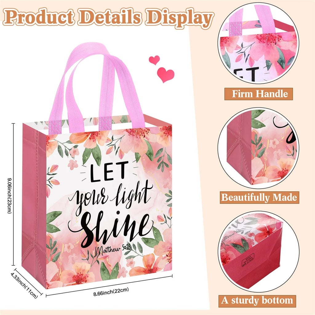32 Pcs Bible Verse Flower Gift Bag with Handles Religious Reusable Gift Bags Bulk Christian Baptism Tote Bags Non Woven Gift Bags for Women Wedding Birthday Gift Wrapping Bags