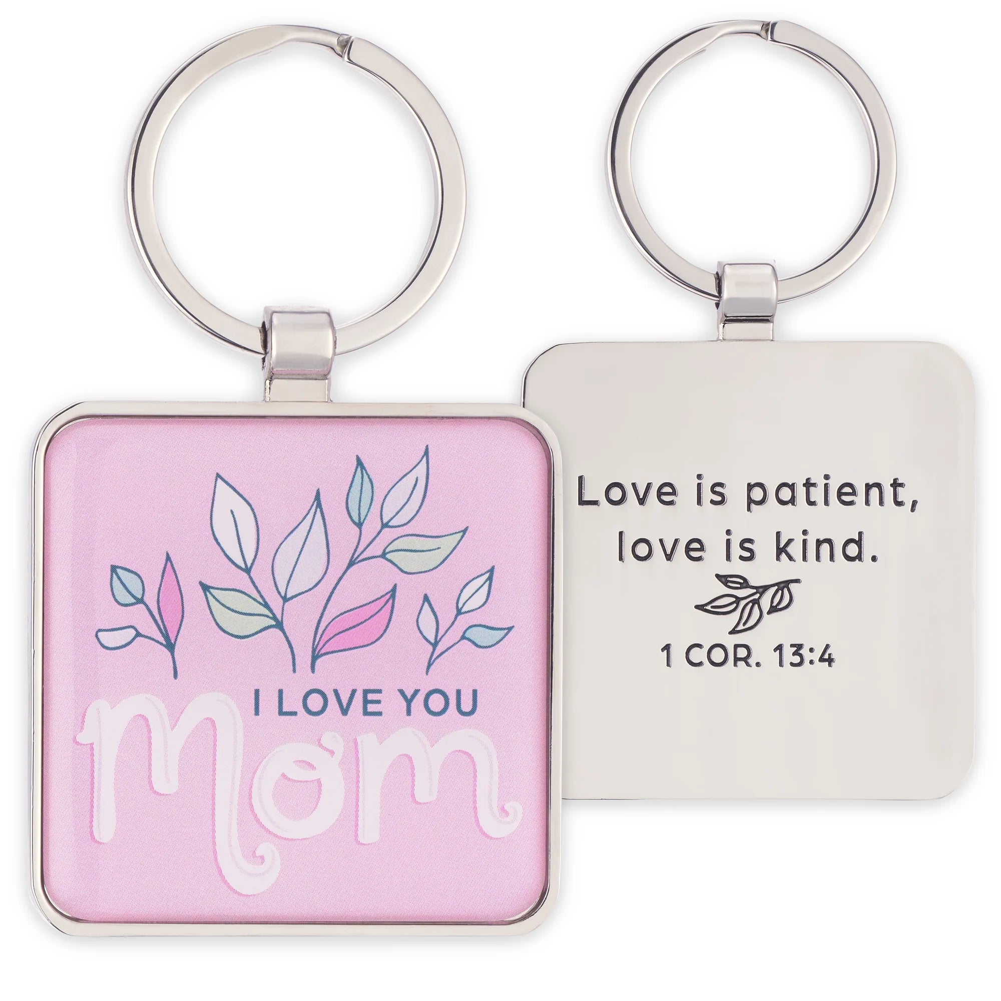 Inspirational Split Metal Scripture Keychain for Moms: I Love You Mom Encouraging Bible Verse Accessory for Women & Mothers, Keyring for Lanyards, Car Keys, Pink Floral & Silver