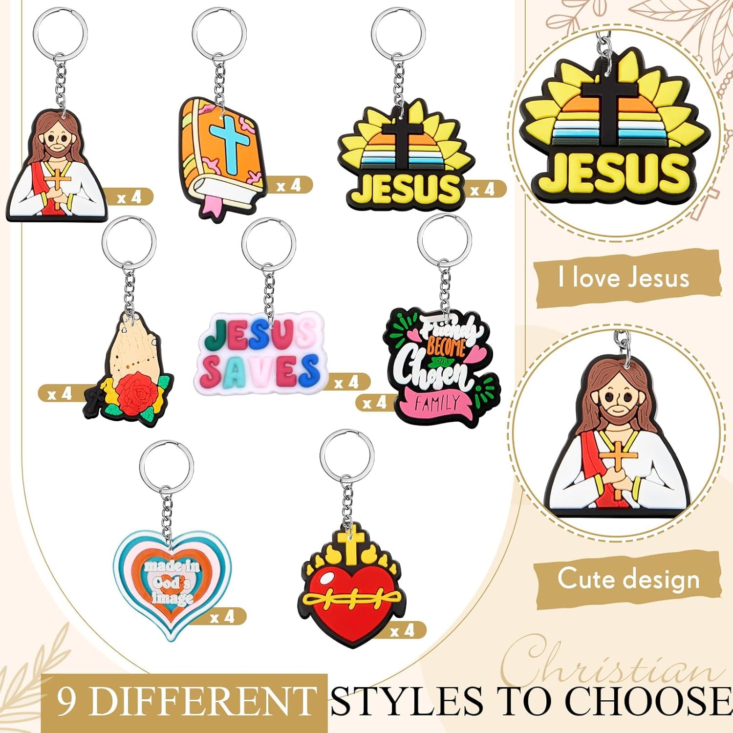 36 Pcs Christian Keychains Jesus Bible Verse Key Chains Bulk for Women Easter Gifts Religious Christian Prizes Cross Scripture Church Party Favors Supplies (Cute)