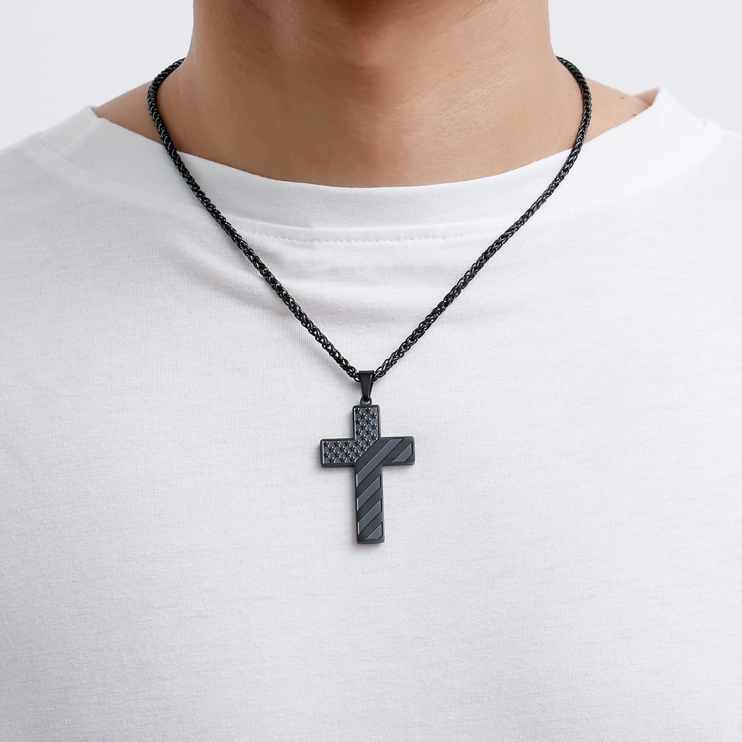 Easter Basket Stuffers-18+2 Inch Cross Necklace Bible Verse Stainless Steel American Flag Pendant Chain for Men Boys Cross Jewelry Gift