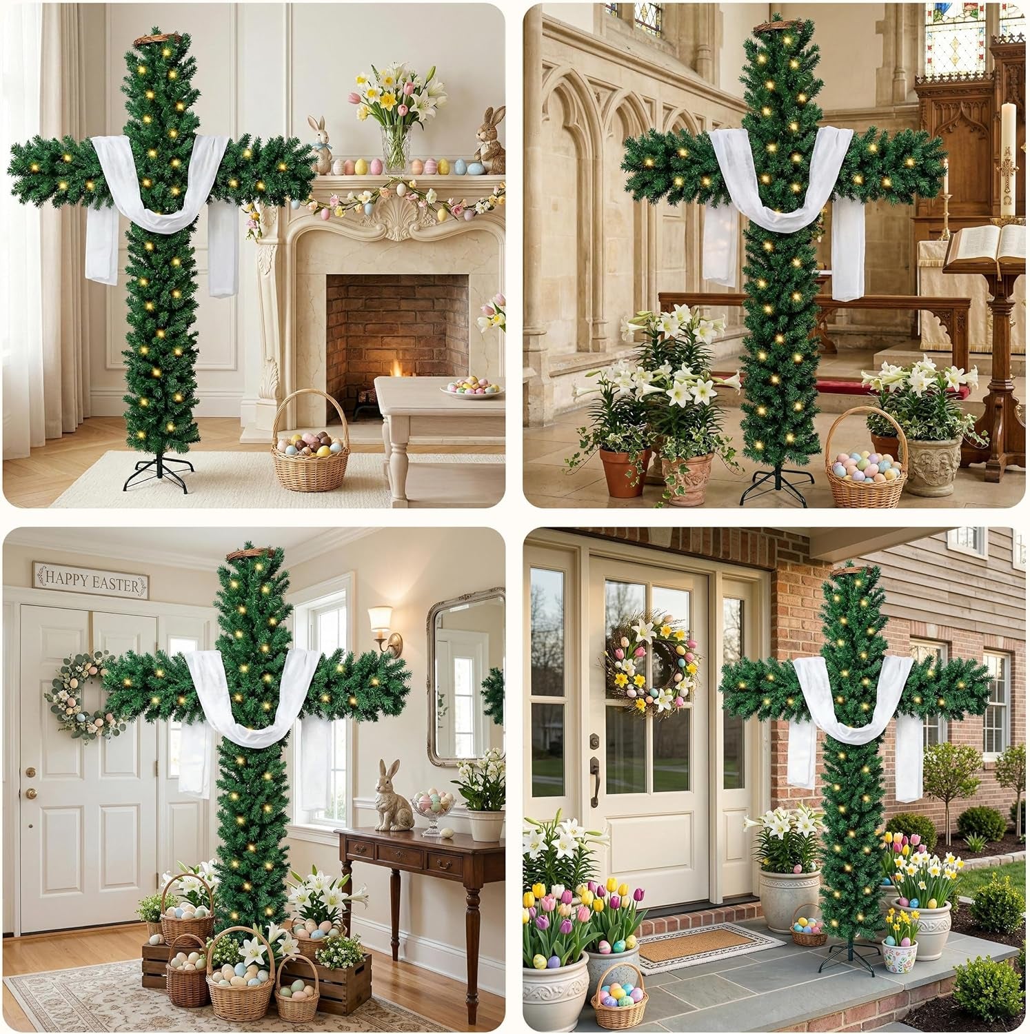 6Ft Skinny Cross Christmas Tree with 33Ft Plug-In String Lights(100 Bulbs) & White Silk Scarf & Crown of Thorns, Jesus Christ Catholic Cross Decor, Xmas Holiday Home Indoor Outdoor Decorations