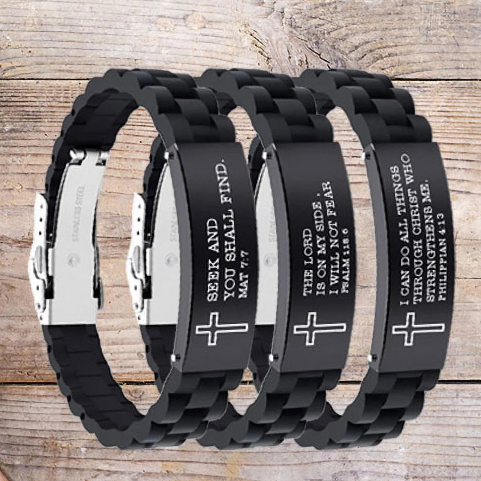 Bible Verse Bracelets for Men and Women, Stainless Steel Silicone Mantra Quotes Cross Bracelets - Ideal Christian Gifts