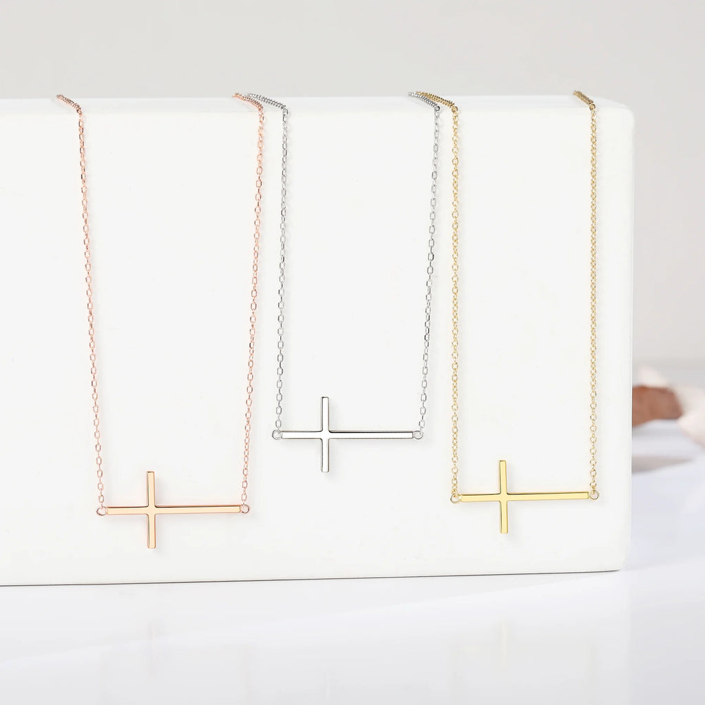 925 Sterling Silver Rose Gold-Tone Sideways Cross Pendant Necklace