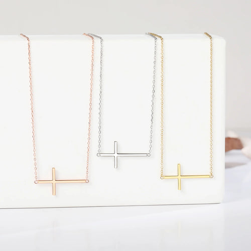 925 Sterling Silver Rose Gold-Tone Sideways Cross Pendant Necklace