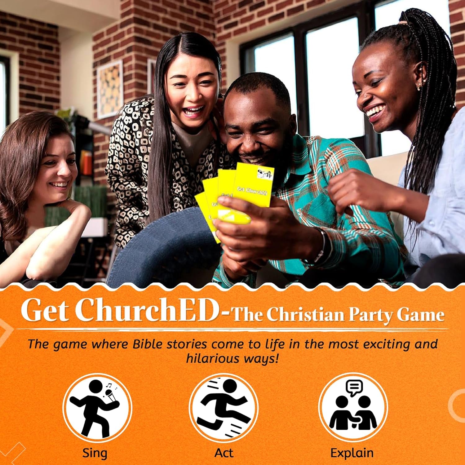 Get Churched | the Christian Party Game| Christian Gifts & Cards | Bible Trivia Game | Charades Games | Family & Youth Groups | Bible Quiz (Sing, Act/Charades, Explain)