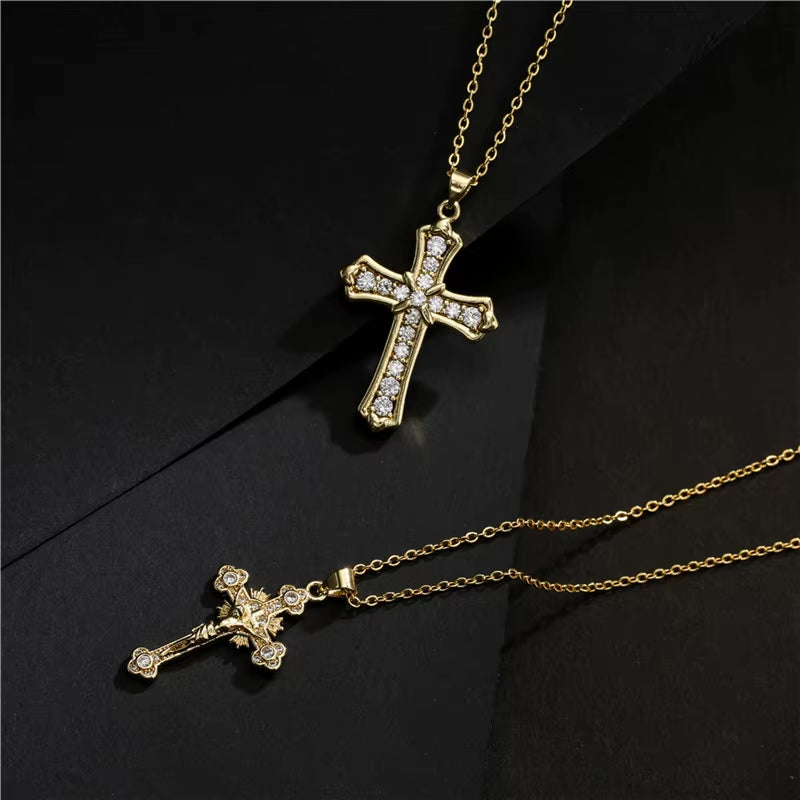 Gold Color Jesus Cross Pendant Stainless Steel Chain Necklace for Women Men Classic Design Christain Jewelry Gift