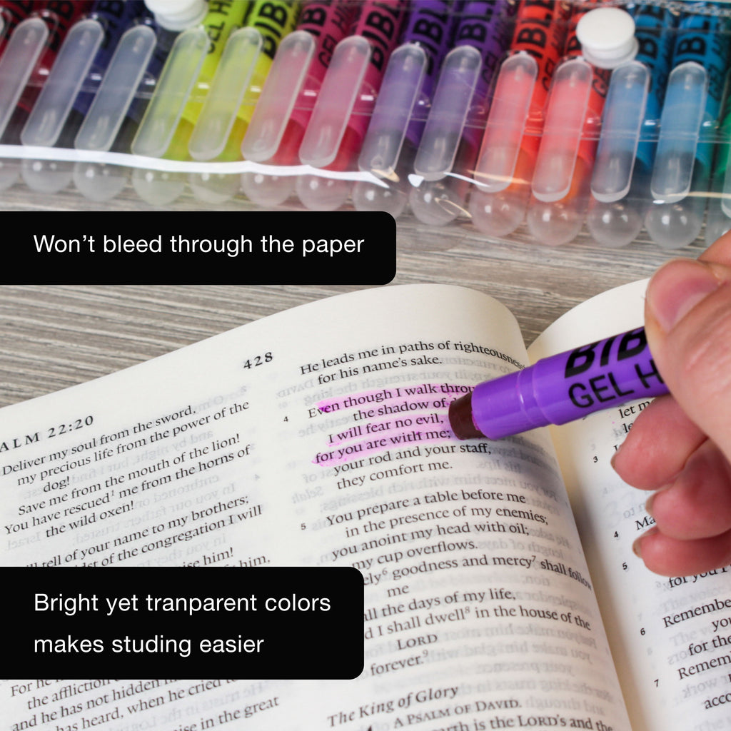 Bible Safe Gel Highlighters, Pack of 16 - 2 Sets of 8 Bright Neon Fluorescent Highlight Colors Yellow, Orange, Pink, Purple, Green, Blue - Won'T Bleed, Fade or Smear - Study Guide