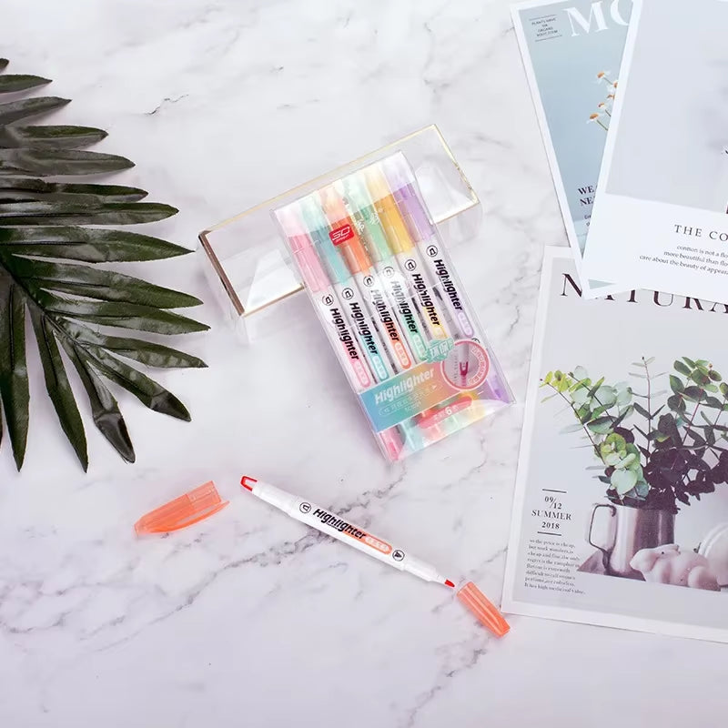 6 Colors/Set Unique Window Tip Highlighter Pen Double Head Pastel Color Midline Highlighters Marker School Stationery Supplies