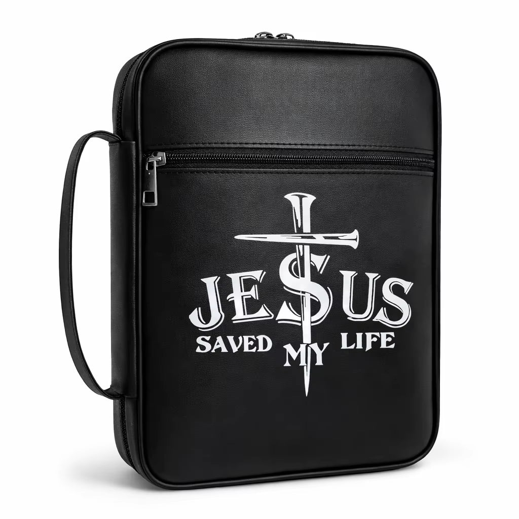 Black Leather Bible Cover with Handle & Zipper Pocket Large Capacity Christian Book Bag Organizer Church Travel Gift