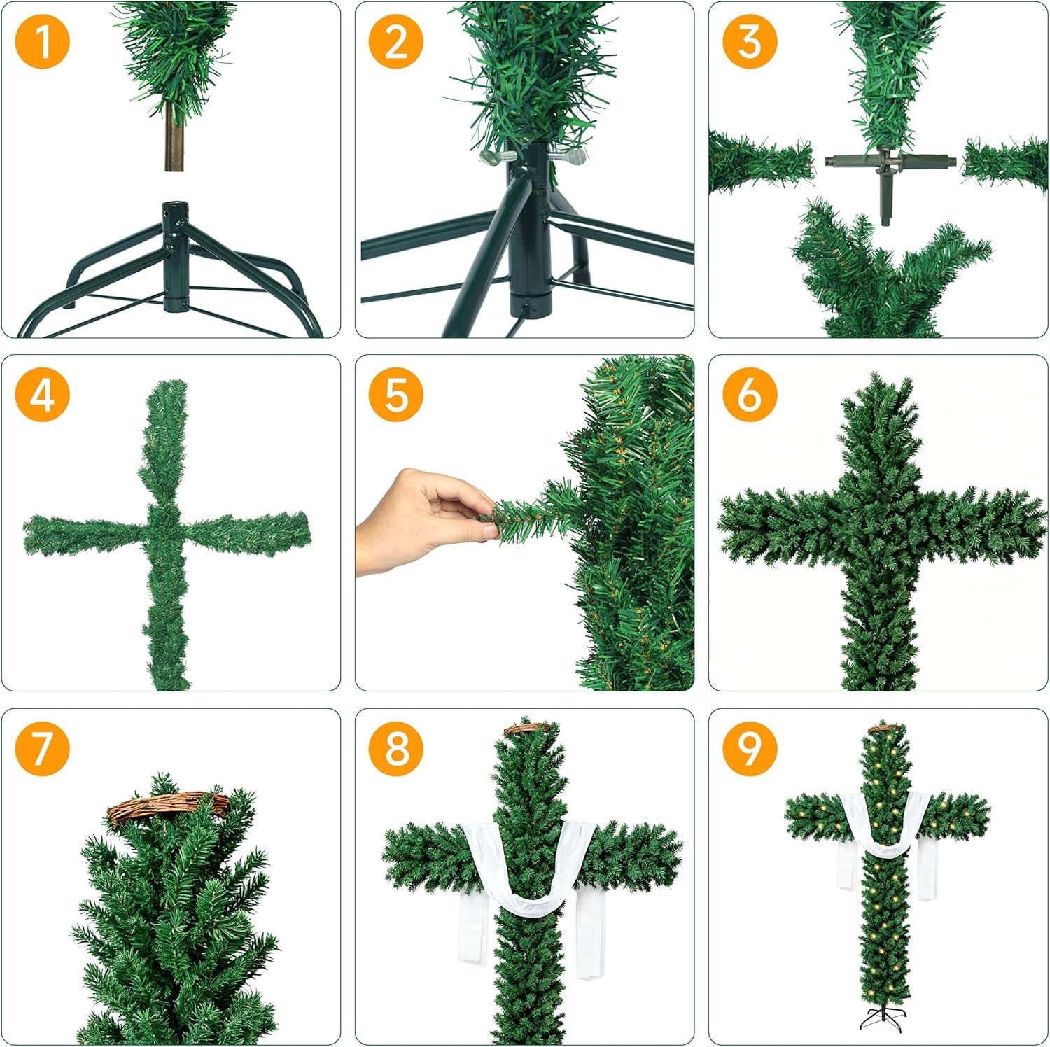 6Ft Skinny Cross Christmas Tree with 33Ft Plug-In String Lights(100 Bulbs) & White Silk Scarf & Crown of Thorns, Jesus Christ Catholic Cross Decor, Xmas Holiday Home Indoor Outdoor Decorations