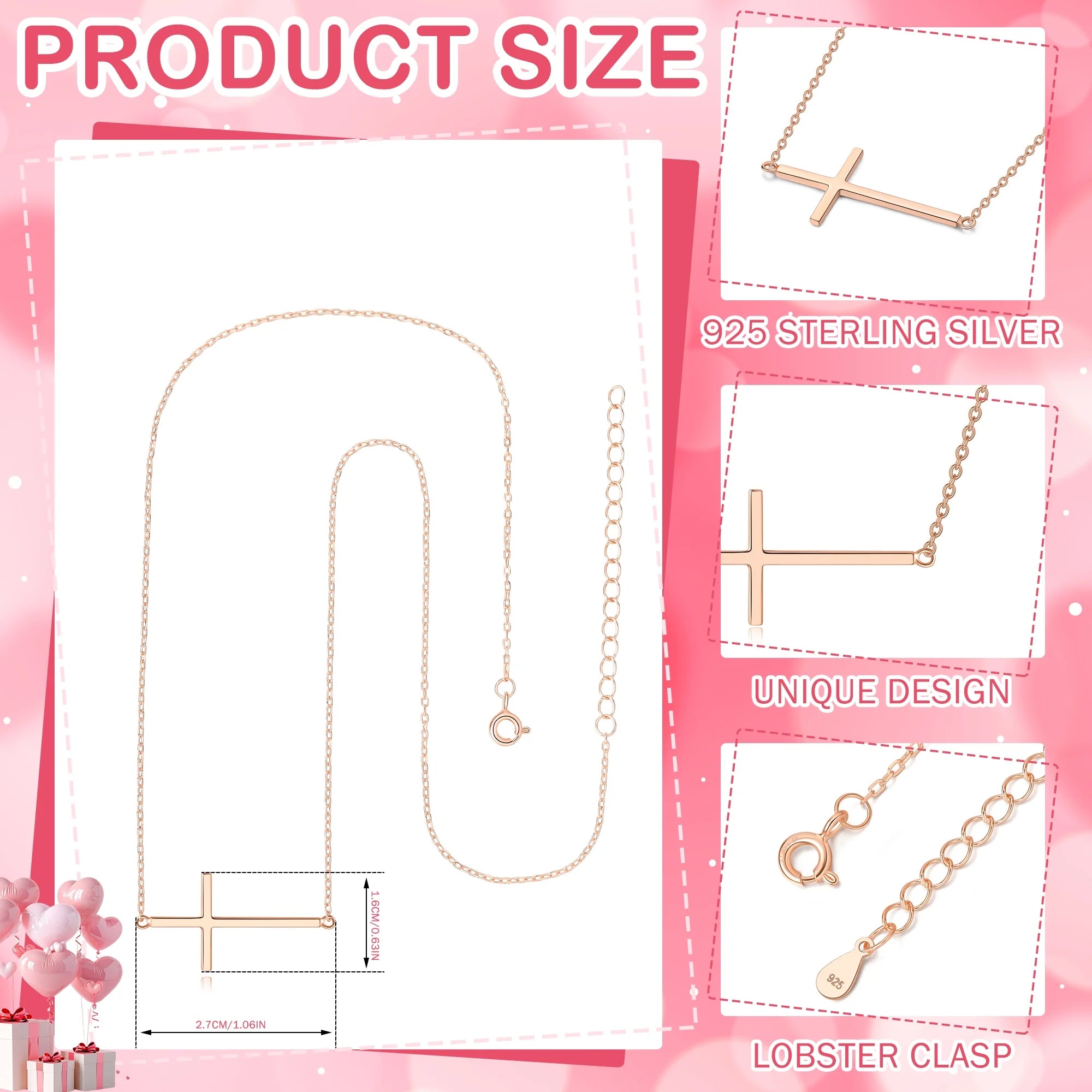 925 Sterling Silver Rose Gold-Tone Sideways Cross Pendant Necklace