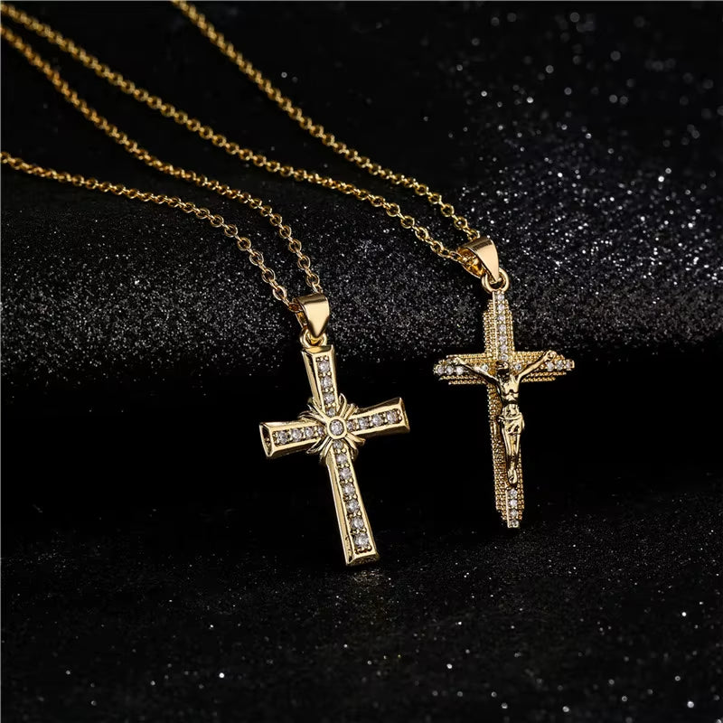 Gold Color Jesus Cross Pendant Stainless Steel Chain Necklace for Women Men Classic Design Christain Jewelry Gift
