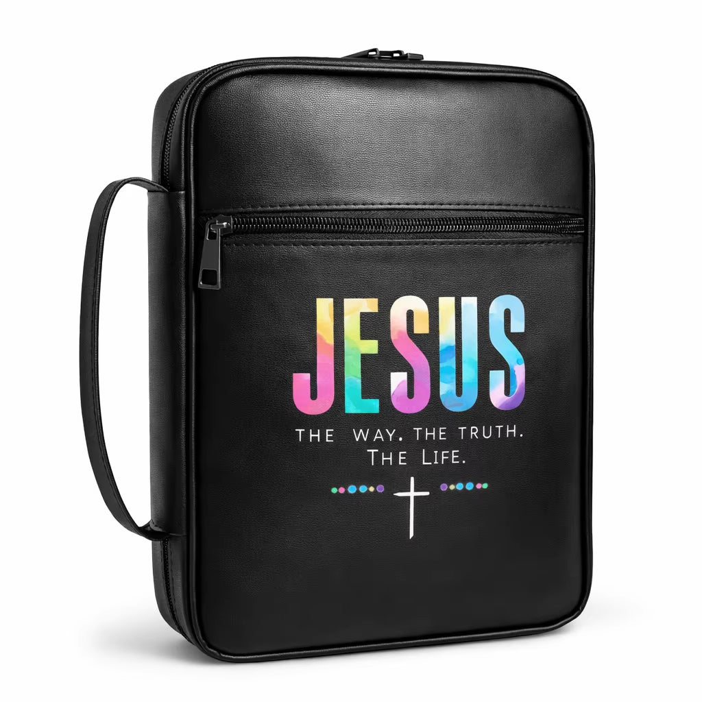 Black Leather Bible Cover with Handle & Zipper Pocket Large Capacity Christian Book Bag Organizer Church Travel Gift
