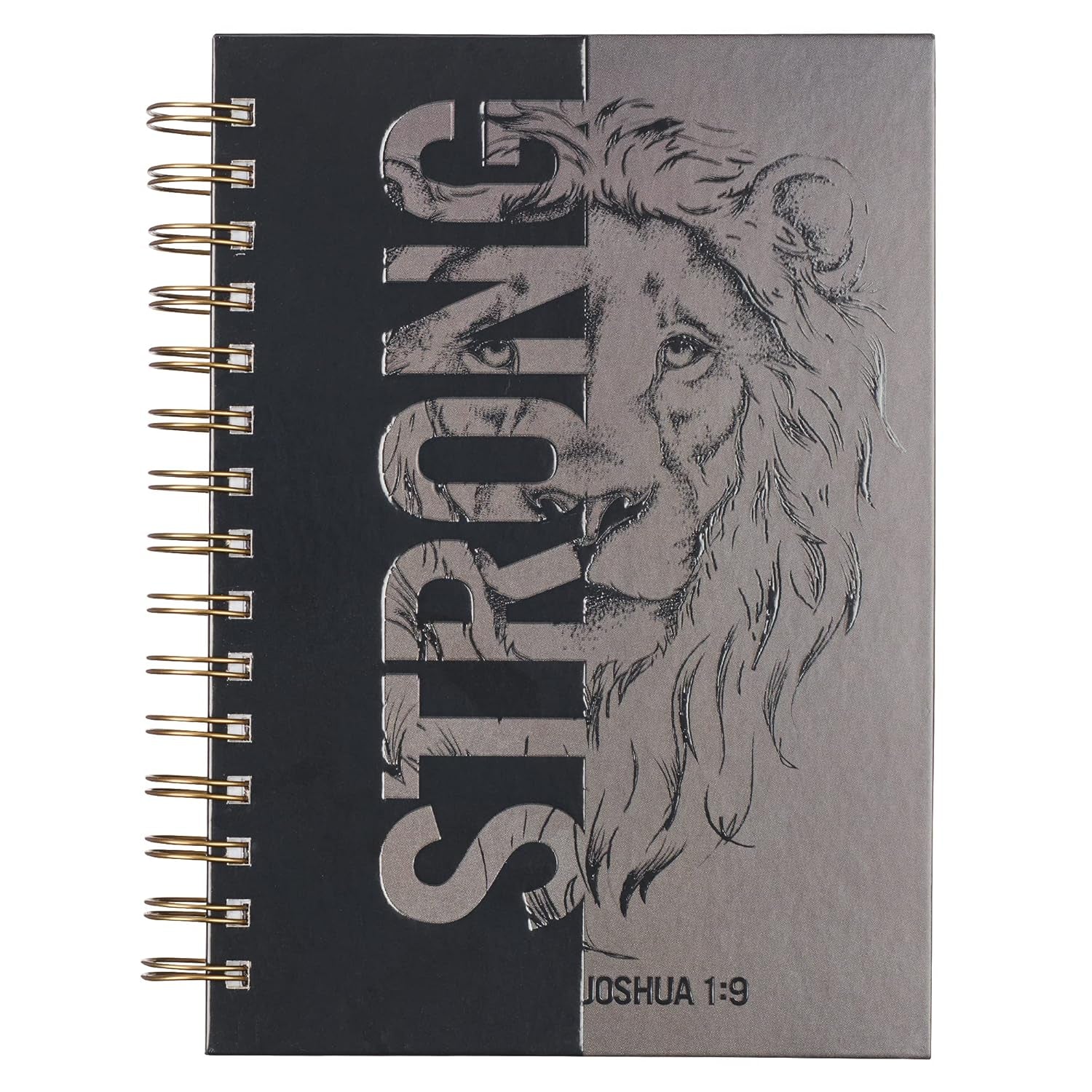 Christian Art Gifts Journal W/Scripture Strong Lion Joshua 1:9, Black and Gray 192 Ruled Pages, Large Hardcover Notebook, Wire Bound