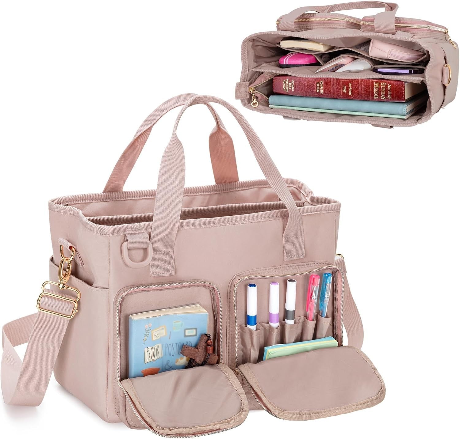 Teamoy Bible Tote Bag for Women, Cover Carrying Case Church Pink