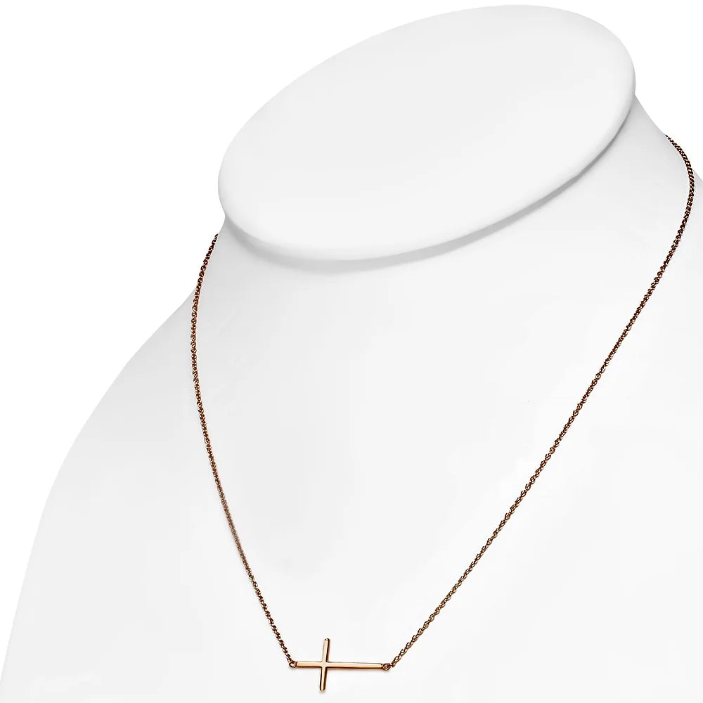 925 Sterling Silver Rose Gold-Tone Sideways Cross Pendant Necklace