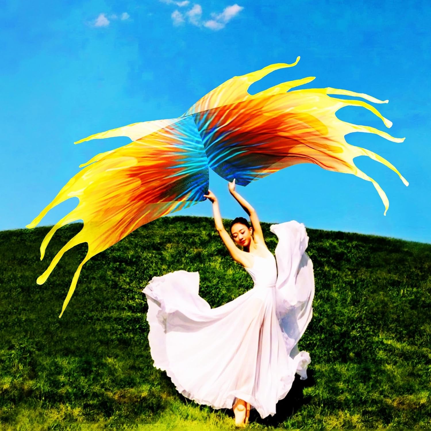 55'' Double Layered Worship Flags for Dance Church, Praise Dance Flags for Worship, Praise Flag with Flexible Rod and Storage Bag, Set of 2, Yellow-Orange-Blue